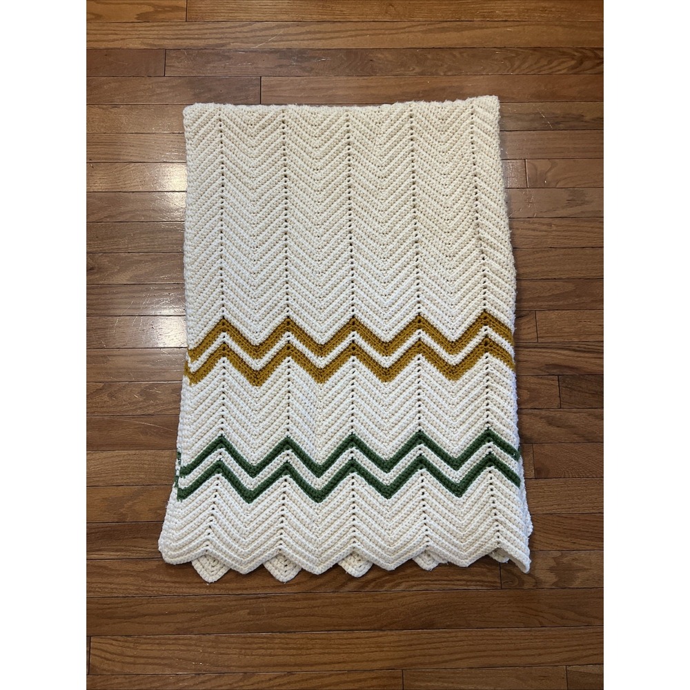 Handmade Crochet Afghan 45x62 Cream Mustard Green Chevron Ripple Throw Blanket